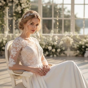 Puede incluir: Una mujer con un vestido de novia blanco con mangas de encaje y escote pronunciado, sentada en una silla color crema. Lleva una delicada tiara plateada. El fondo presenta una ventana y arreglos florales blancos.