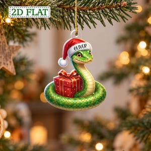 Enfeite de Natal personalizado com gorro de Papai Noel em formato de cobra verde fofa, presente para dono de réptil.