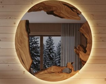 Round Live Edge Olive Wood LED Mirror – Custom Size