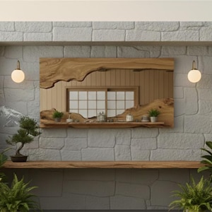 Può includere: Una scena di giardino zen all'aperto con un grande specchio in legno con bordo vivo, montato su un muro di pietra. Una panca in legno si trova sotto lo specchio, circondata da piante in vaso e bambù. Due luci a globo fiancheggiano lo specchio.