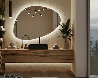Asymmetrical Modern Lights Mirror -  Wavy Led Bathroom Wall Mirror - Unique Large Bedroom
