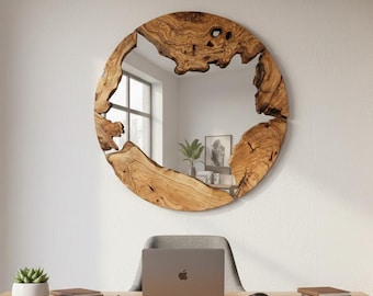 Live Edge Olive Wood Round Mirror - Handmade Rustic Wall Decor