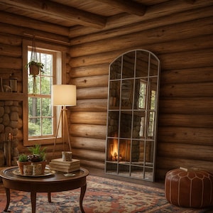 May include: A rustic cabin interior with wooden walls and ceiling. A round coffee table holds plants and books. A fireplace with a stone surround and a large mirror add to the charm. A patterned rug and a leather ottoman complete the scene.