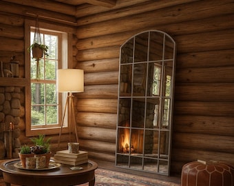 Modern Arched Full Length Wall Mirror With Wooden Frame - Asymmetrical Tall Window Pane Mirror