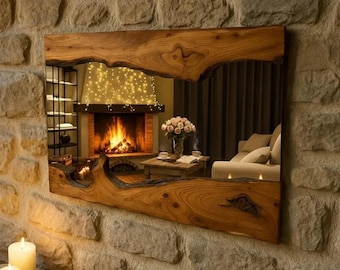 Handmade Live Edge Olive Wood Mirror – Asymmetrical Farmhouse Decor