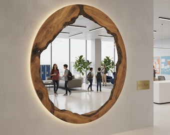 Handmade Round LED Mirror – Olive Wood Live Edge Vanity Mirror - Circular Olive Wood LED Mirror