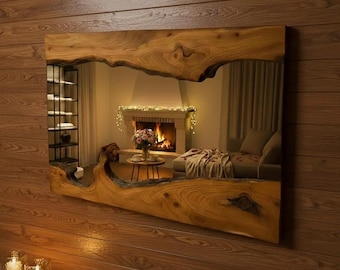 Handmade Live Edge Olive Wood Mirror – Organic Asymmetrical Wall Decor