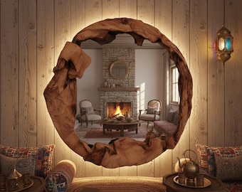 Handmade Live Edge Round Olive Wood LED Mirror – Modern Wall Decor