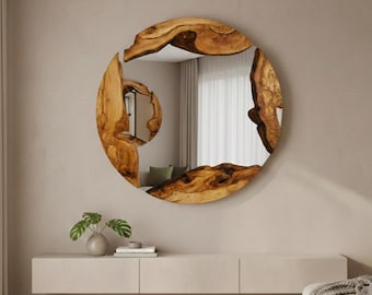 Handmade Round Olive Wood Live Edge Mirror – Natural Wood Wall Decor