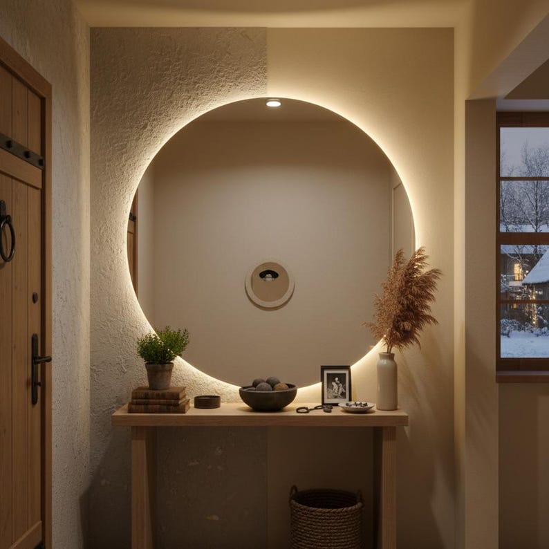 Peut inclure: Un grand miroir mural circulaire avec r&eacute;tro&eacute;clairage LED p&eacute;rim&eacute;trique int&eacute;gr&eacute;. Le miroir est fix&eacute; au-dessus d'une console en bois clair portant une petite plante verte en pot, un bol sombre avec des sph&egrave;res, une photo encadr&eacute;e et un vase avec des herbes s&eacute;ch&eacute;es.