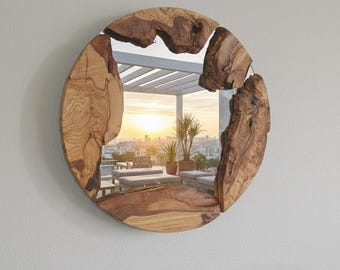 Olive Wood Round Mirror – Live Edge Rustic Farmhouse Wall Decor