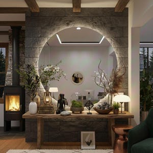 Peut inclure: Un grand miroir circulaire fix&eacute; sur un mur en pierre grise au-dessus d'une console en bois rustique. La table pr&eacute;sente divers objets d&eacute;coratifs, dont une cloche en verre avec de la mousse, une figurine noire, une lanterne et des vases fleuris.