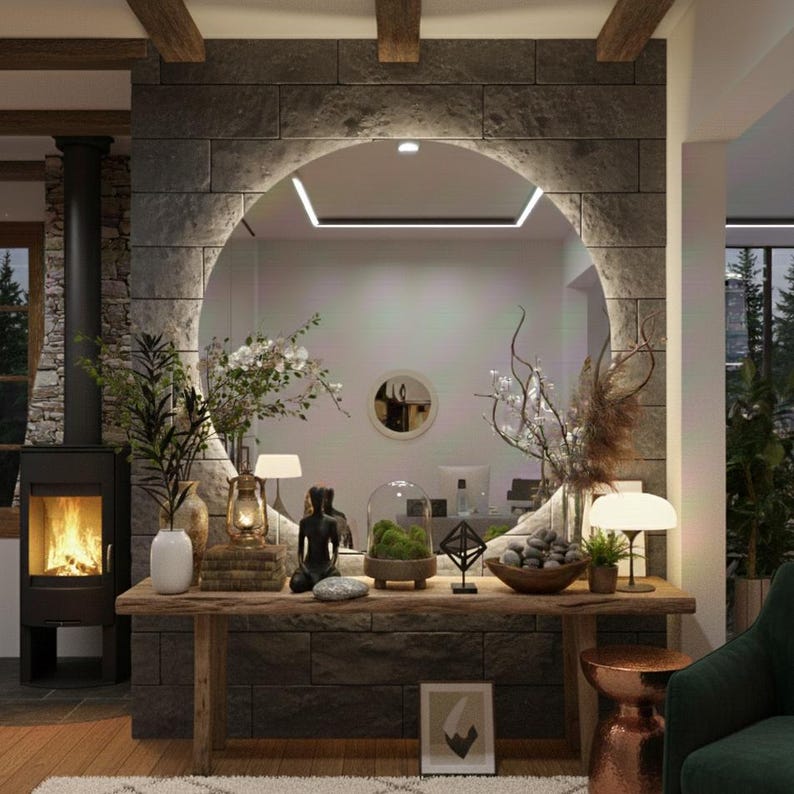 Peut inclure: Un grand miroir circulaire fix&eacute; sur un mur en pierre grise au-dessus d'une console en bois rustique. La table pr&eacute;sente divers objets d&eacute;coratifs, dont une cloche en verre avec de la mousse, une figurine noire, une lanterne et des vases fleuris.