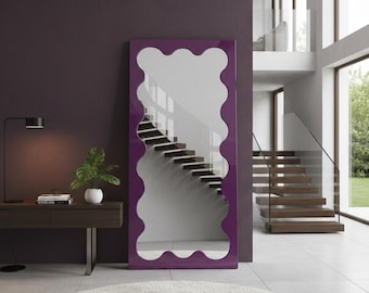Miroir ondulé pleine longueur - Cadre en bois asymétrique, décoration d'intérieur