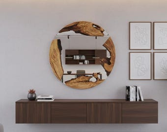 Espejo redondo de madera de olivo con borde natural – Decoración de pared moderna asimétrica