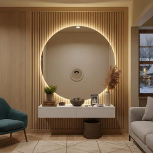 Peut inclure: Un grand miroir mural circulaire avec r&eacute;tro&eacute;clairage LED int&eacute;gr&eacute;, fix&eacute; sur un panneau mural &agrave; lattes en bois clair. Sous le miroir se trouve une console flottante blanche portant une petite plante en pot, un bol de sph&egrave;res et un vase.