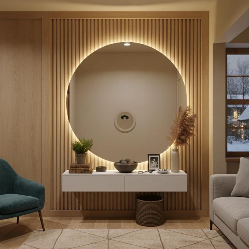 Peut inclure: Un grand miroir mural circulaire avec r&eacute;tro&eacute;clairage LED int&eacute;gr&eacute;, fix&eacute; sur un panneau mural &agrave; lattes en bois clair. Sous le miroir se trouve une console flottante blanche portant une petite plante en pot, un bol de sph&egrave;res et un vase.