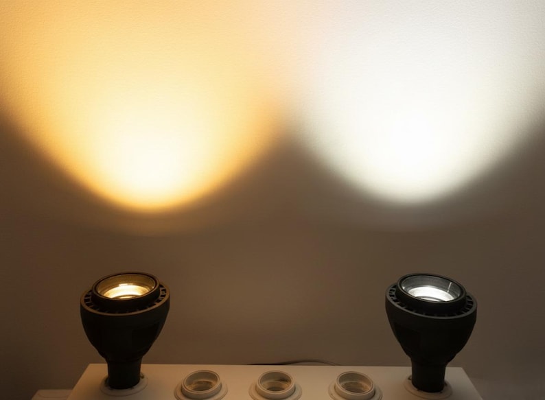Peut inclure: Deux projecteurs LED noirs mont&eacute;s sur une base blanche. Le projecteur de gauche &eacute;met une lumi&egrave;re jaune chaude, tandis que celui de droite &eacute;met une lumi&egrave;re blanche froide. Les deux projettent des faisceaux circulaires sur le mur.