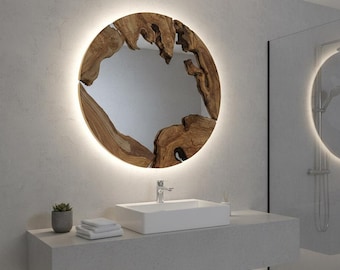 Round LED Mirror with Natural Olive Wood Edges - Handmade Live Edge Olive Wood Mirror - Backlit LED Wall Decor