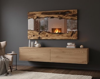 Miroir en bois Real Edge - Miroir irrégulier en bois d'olivier pour ferme - Miroir mural en bois Live Edge avec cadre naturel - Miroir en bois d'olivier