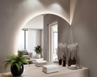 Miroir demi-cercle - Miroir mural demi-lune LED - Meuble de toilette asymétrique - Lumière blanc chaud