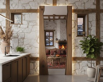 Full-Length Mirror with LED Lighting - Made from Natural Olive Wood Edges - Modern Farmhouse Decor - Natural Edge Mirror