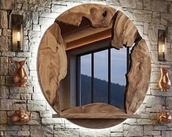 Handmade Round LED Live Edge Olive Wood Mirror with Shelf – Entryway Mirror with Key Shelf