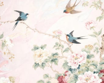 Chinoisere Blatt Wandbild mit Asiatischen Vögeln |  Neutrale botanische Tapete |  Schälen und Stick Wand Dekor