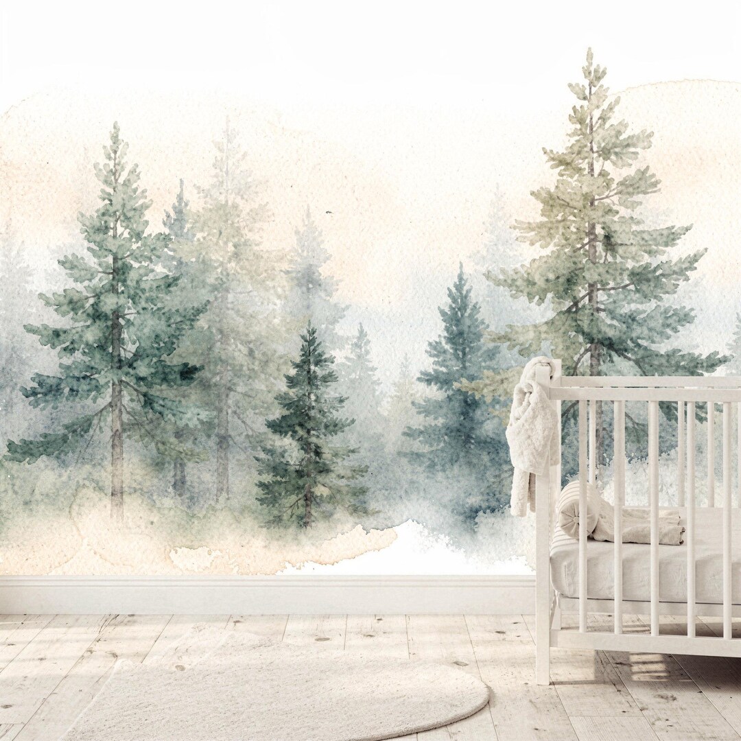 Watercolor Pine Tree Forest Wallpaper: Nursery Decor With Depth Wall ...