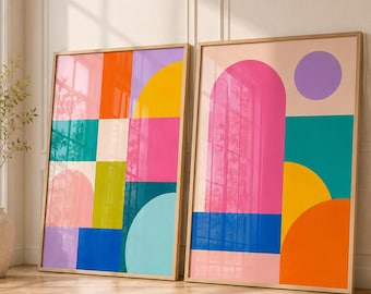 Set of 2 Colorful Abstract Prints, Geometric Wall Art, Dopamine Decor, Modern Bauhaus Printable Art, Bright Living Room Decor