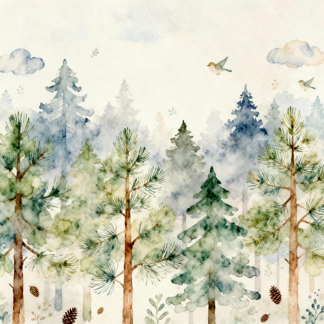 Watercolor Pine Tree Forest Wallpaper: Nursery Decor With Depth Wall ...