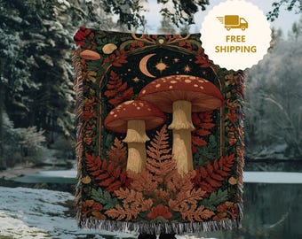 Toadstool Mushroom Woven Throw Blanket, Fairycore Decor for Reading Nook, Vertical Fantasy Wall Tapestry, Witchy Blanket for Mushroom Lover