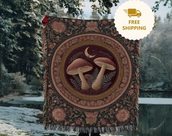 Toadstool Mushroom Woven Throw Blanket, Fairycore Decor for Reading Nook, Vertical Fantasy Wall Tapestry, Witchy Blanket for Mushroom Lover
