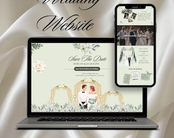 May include: A laptop and smartphone displaying a wedding website design. The laptop shows a "Save The Date" announcement with a couple illustration. The smartphone showcases wedding details. The background is a soft, light green with floral accents. Text at the top reads "Wedding Website".