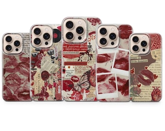 Vintage Liebe Muster Telefon Fall Romantischer Kuss Rote Abdeckung für Iphone 17 Pro Max,16e,15,14,13&Samsung S25 Ultra,S24FE,A56,A16,Pixel 10XL,9A,8,7