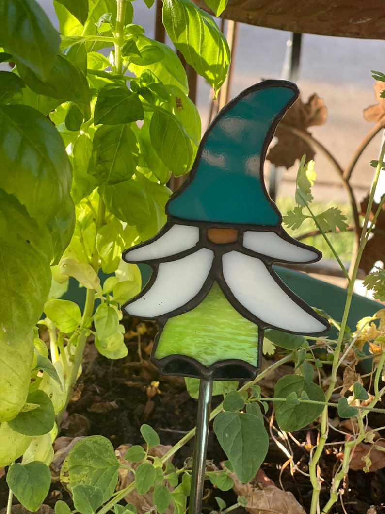Gnome garden stake Stained Glass Plant Stake garden decor Etsy