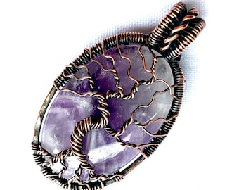 Wire Wrapped Pendant - Tree of Life Pendant - Amethyst Crystal Stone Cabochon, Copper Wire Wrapped Pendant  - 2" x 1 1/8" (5cm X 3cm)