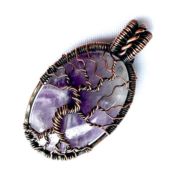 Wire Wrapped Pendant - Tree of Life Pendant - Amethyst Crystal Stone Cabochon, Copper Wire Wrapped Pendant  - 2" x 1 1/8" (5cm X 3cm)