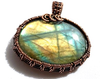 Wire Wrapped Pendant - Beautiful Pastel Labradorite and Oxidized Copper Wire  1 1/4" (43 mm) x 1 3/4" (45 mm)