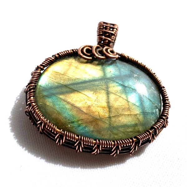 Wire Wrapped Pendant - Beautiful Pastel Labradorite and Oxidized Copper Wire  1 1/4" (43 mm) x 1 3/4" (45 mm)