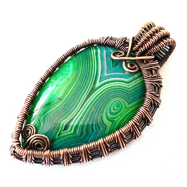 Wire Wrapped Pendant - Green Onyx Agate and Copper Wire - 2 1/2" (65 mm) x 1 1/2" (35 mm) Chain Included