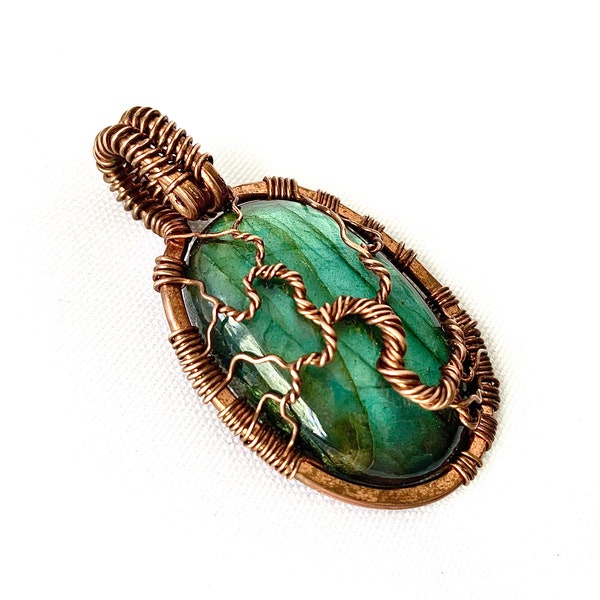 Wire Wrapped Pendant - Labradorite and Oxidized Copper Wire Tree of Life Pendant  - 2 1/8" (55 mm) x 1 1/8" (30 mm)