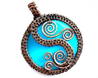 Pendant - Blue Cat's Eye Cabochon with Oxidized Copper Wire - 2 3/8" x 2" (62mm x 50mm) - Chain Included