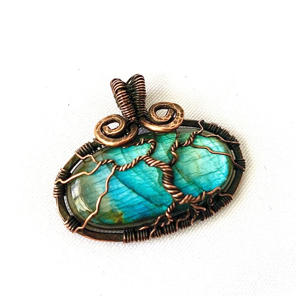 Tree of Life Pendant - Labradorite and Oxidized Copper Wire  1 3/8" (35 mm) x 1 5/8" (43 mm)