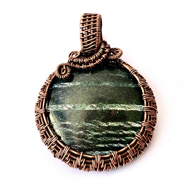 Wire Wrapped Pendant  REVERSIBLE - Striped Serpentine and Copper Wire Wrapped Stone Pendant - 2 5/8" (67 mm) x 2" (50 mm)