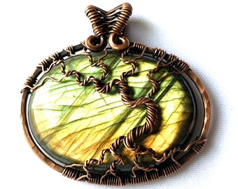 Wire Wrapped Pendant - Tree of Life Pendant - Amber and Gold Labradorite Cabochon & Natural Copper Wire - 2 1/4" (6 cm) x 2 1/4" (6 cm)