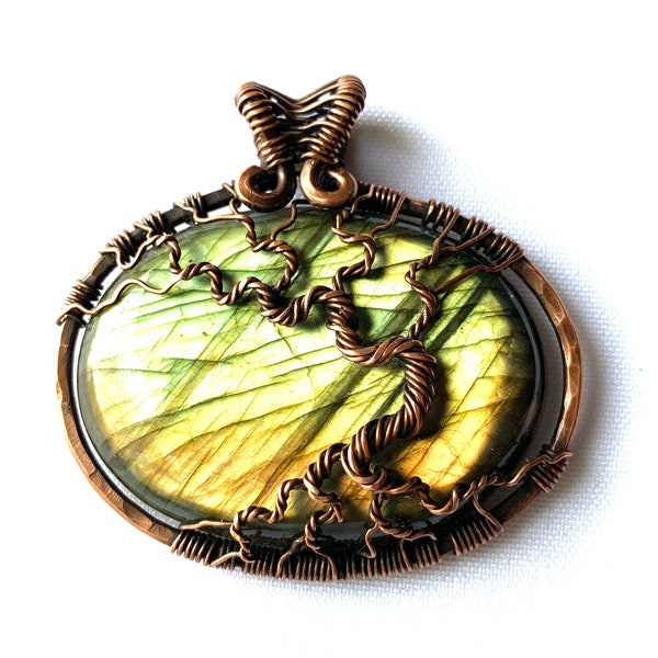 Wire Wrapped Pendant - Tree of Life Pendant - Amber and Gold Labradorite Cabochon & Natural Copper Wire - 2 1/4" (6 cm) x 2 1/4" (6 cm)