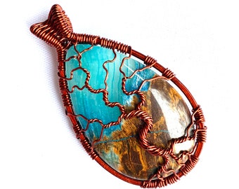 Tree of Life Pendant - Stunning Brown and Blue Lace Chalcedony Stone Cabochon with Chestnut Brown Wire Tree of Life - 2 1/4" x 1 1/2"