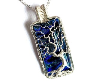 Fine Silver Wire Wrapped Pendant - Tree of Life Pendant - Blue Dichroic Glass Cabochon - 2 1/2" x 1" (6.5 cm X 2.5 cm) - Chain included