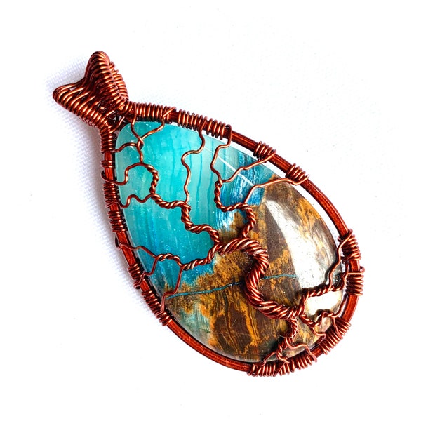 Tree of Life Pendant - Stunning Brown and Blue Lace Chalcedony Stone Cabochon with Chestnut Brown Wire Tree of Life - 2 1/4" x 1 1/2"